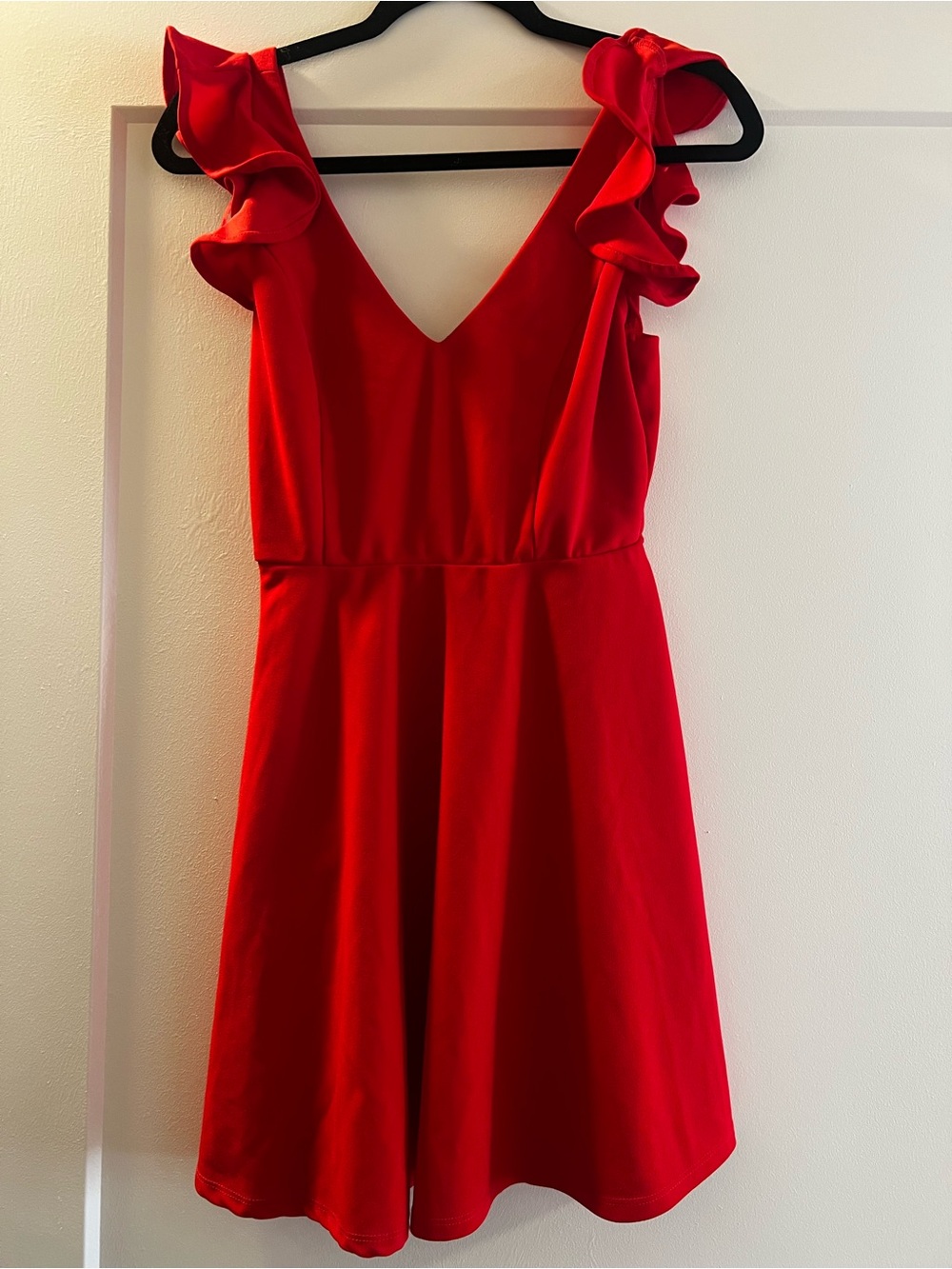 Red Ruffle Sleeve V-Neck A-Line Dress